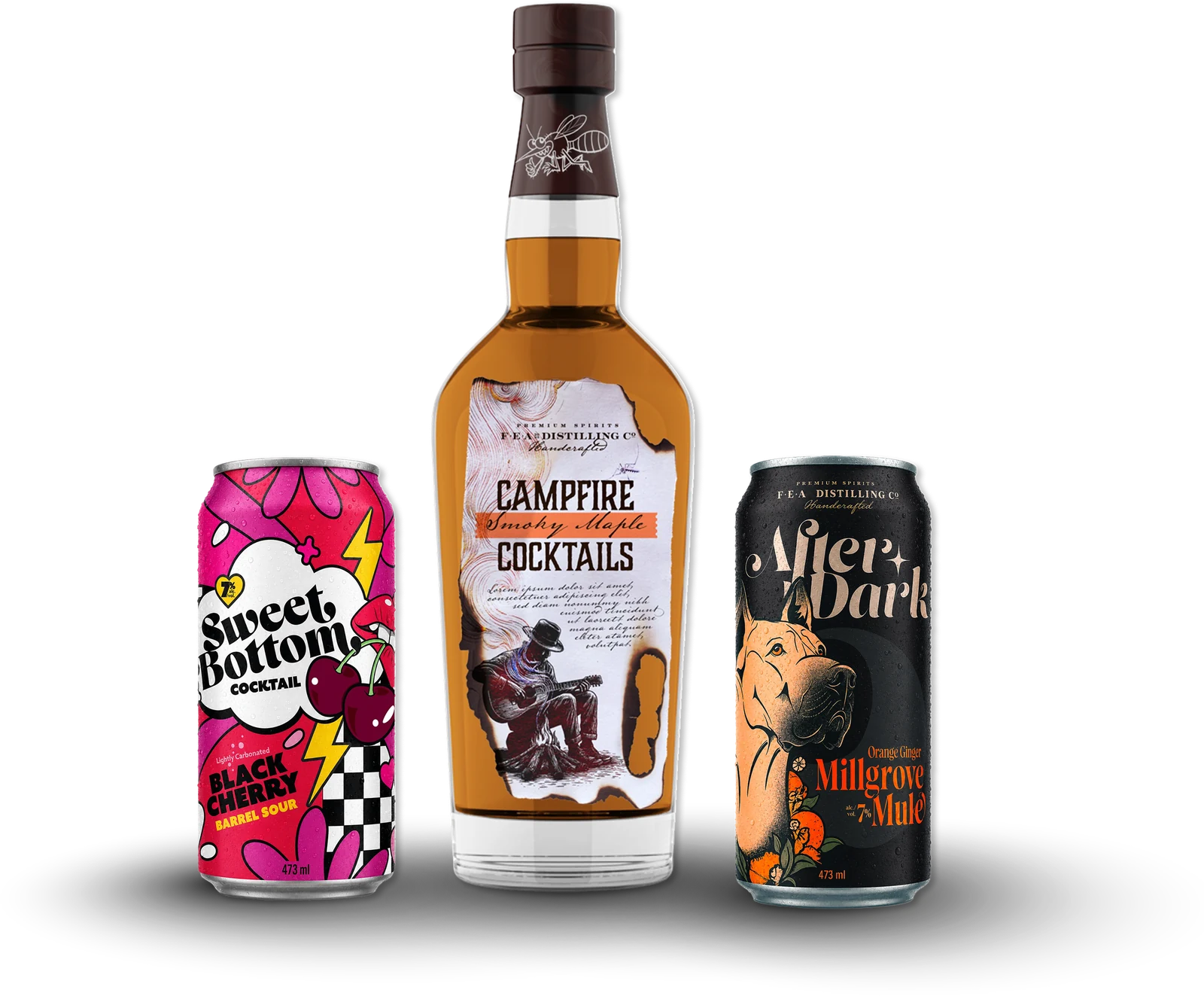 Sweet Bottom Black Cherry Barrel Sour, Campfire Smoky Maple Cocktails and After Dark Orange Ginger Millgrove Mule on an oak barrel